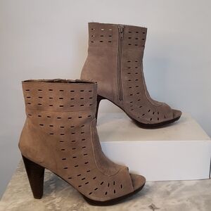 Envy Brown/Beige Throttle Suede Leather Peep-Toe Bootie, Size 9